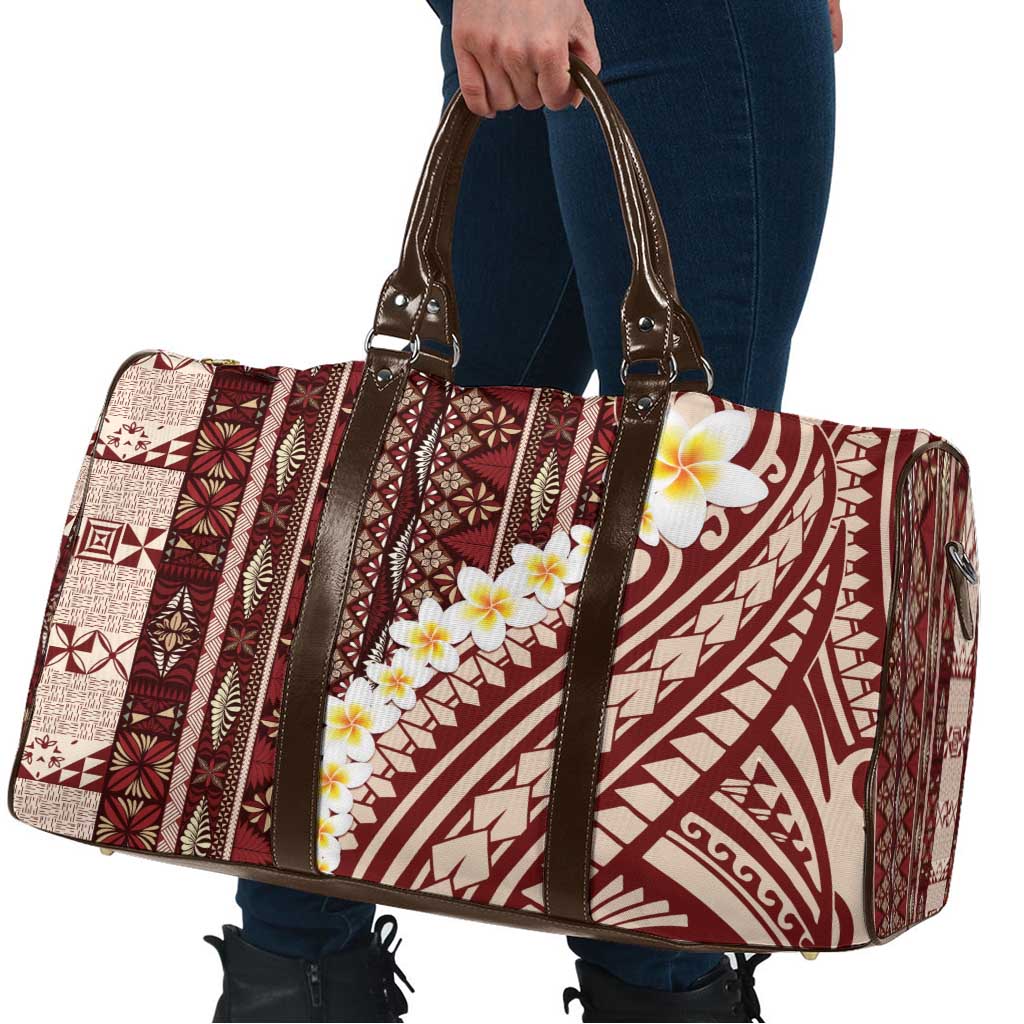 Red Vintage Tonga Ngatu Pattern With Plumeria Travel Bag - Polynesian Pride