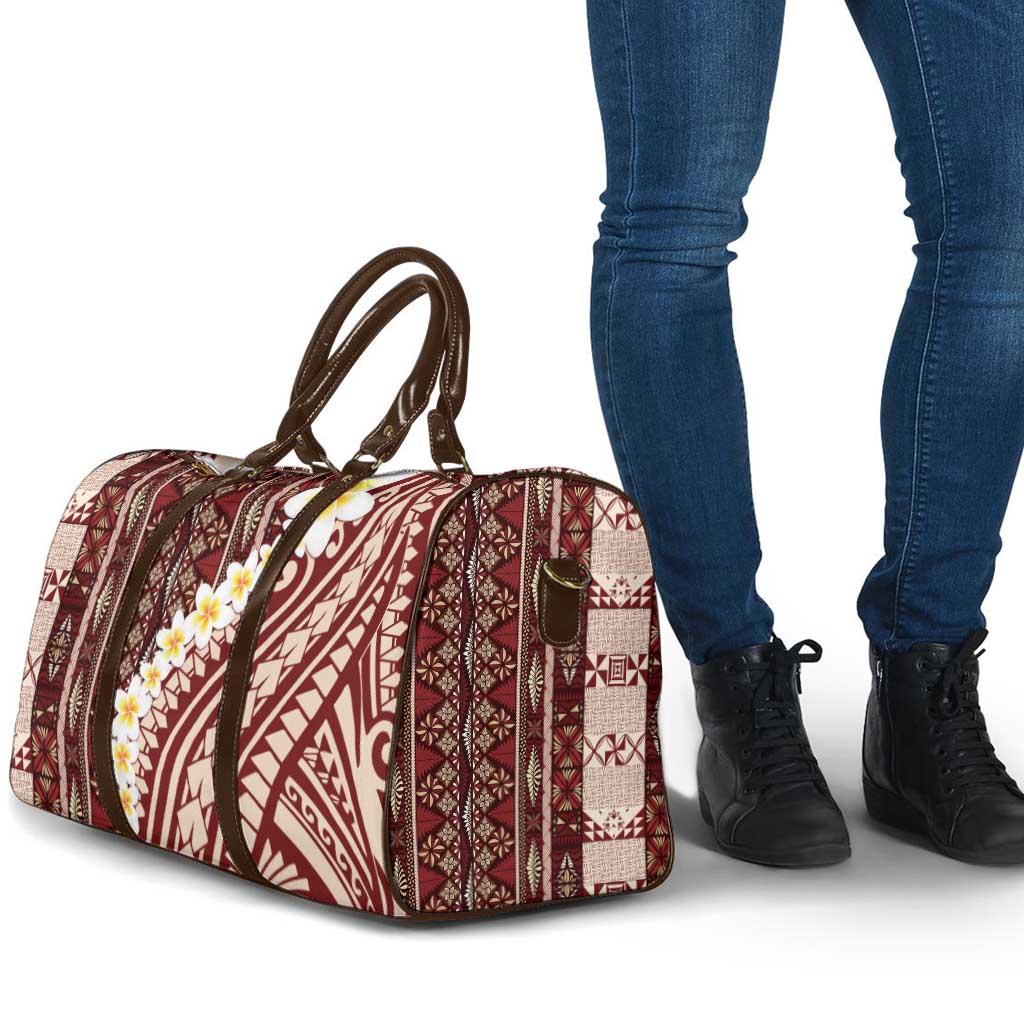 Red Vintage Tonga Ngatu Pattern With Plumeria Travel Bag - Polynesian Pride
