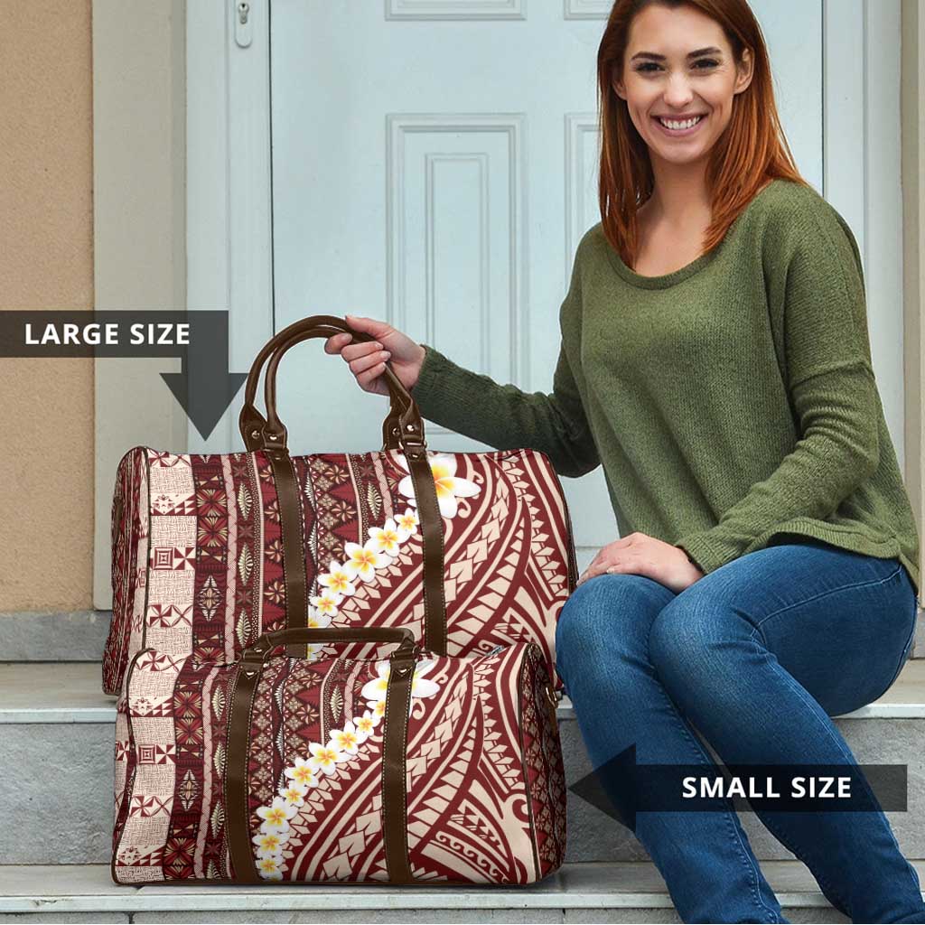 Red Vintage Tonga Ngatu Pattern With Plumeria Travel Bag - Polynesian Pride