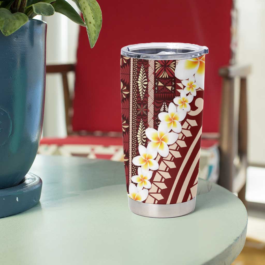 Red Vintage Tonga Ngatu Pattern With Plumeria Tumbler Cup - Polynesian Pride