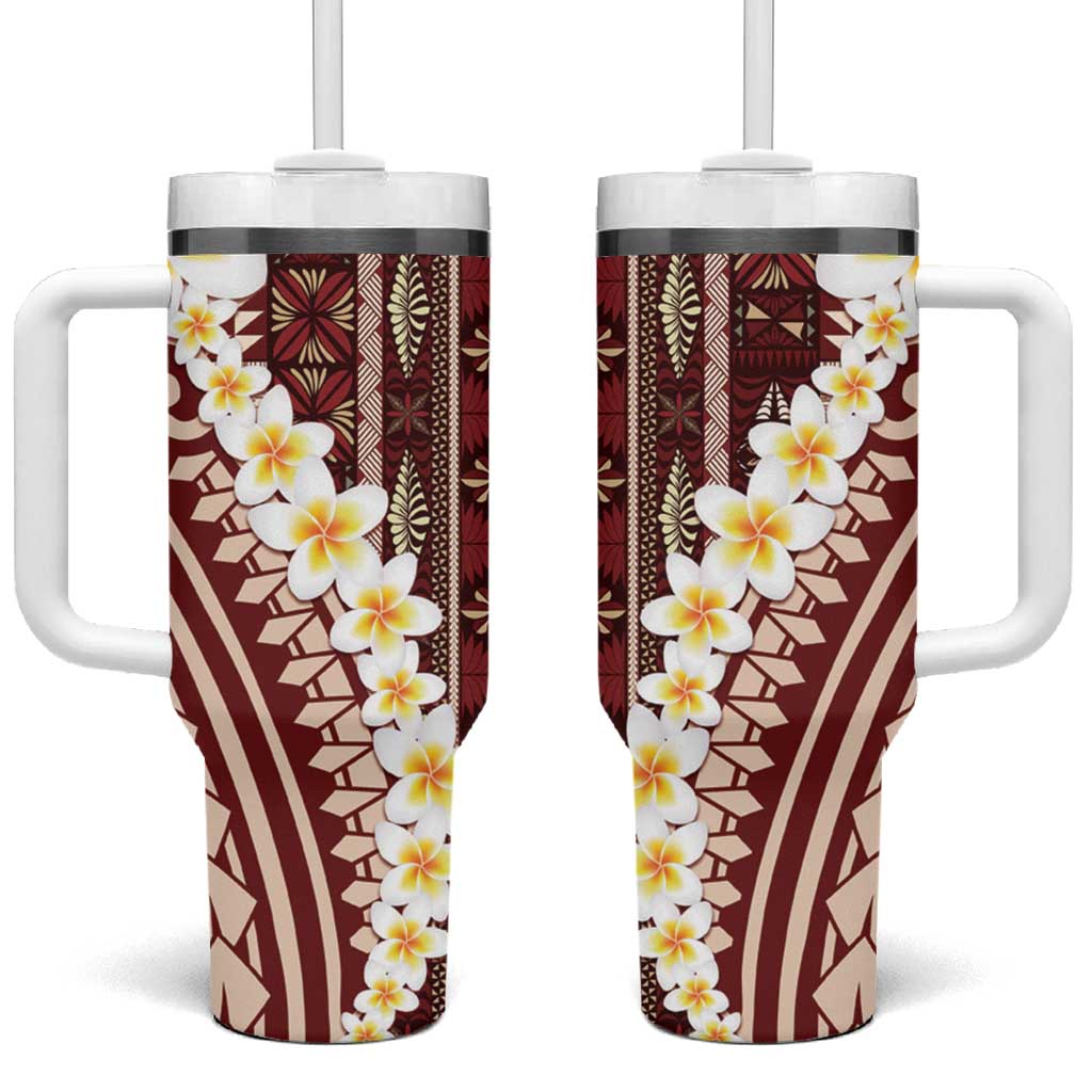 Red Vintage Tonga Ngatu Pattern With Plumeria Tumbler With Handle - Polynesian Pride