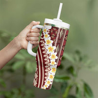 Red Vintage Tonga Ngatu Pattern With Plumeria Tumbler With Handle - Polynesian Pride