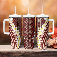 Red Vintage Tonga Ngatu Pattern With Plumeria Tumbler With Handle - Polynesian Pride