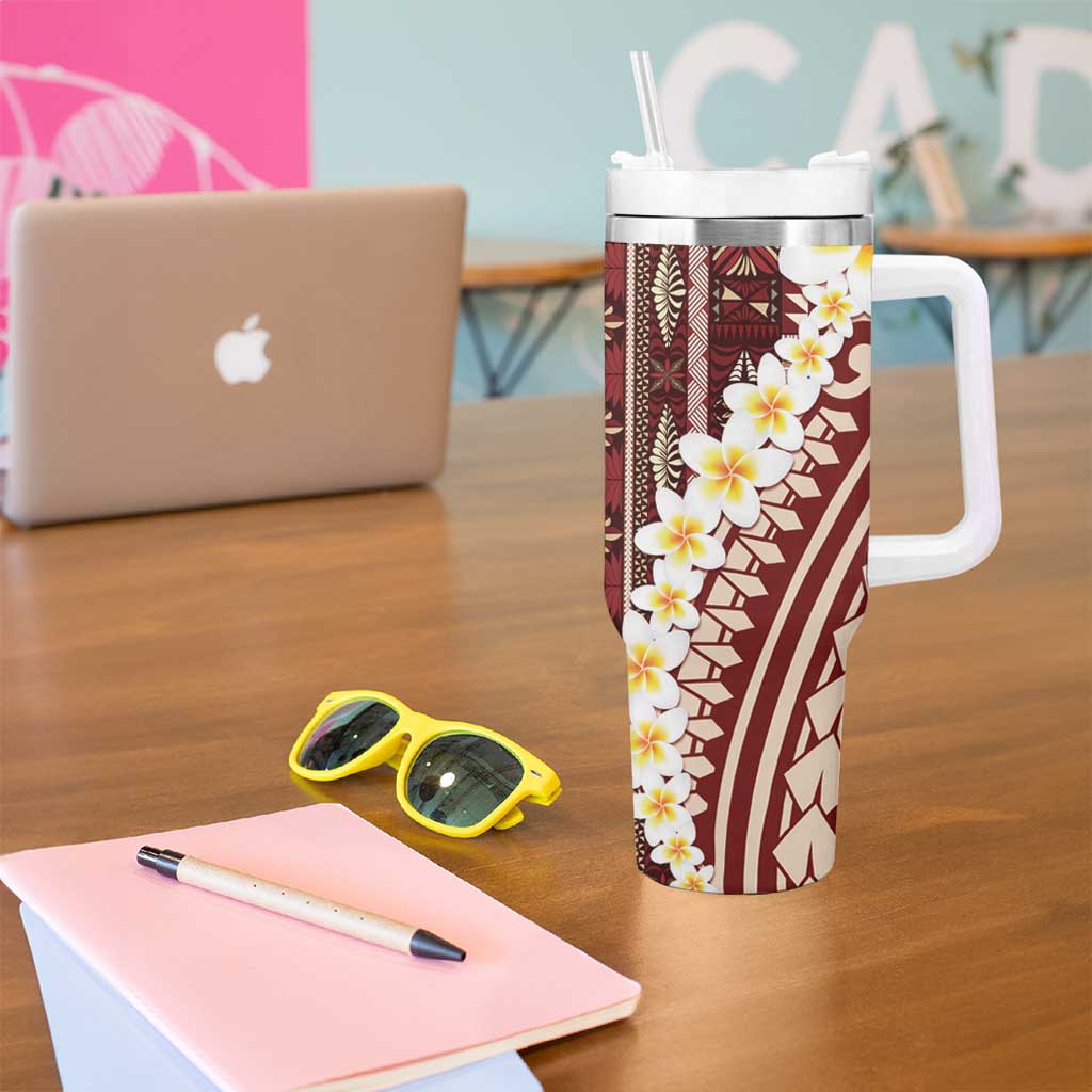 Red Vintage Tonga Ngatu Pattern With Plumeria Tumbler With Handle - Polynesian Pride