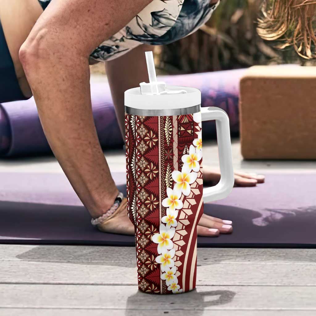 Red Vintage Tonga Ngatu Pattern With Plumeria Tumbler With Handle - Polynesian Pride