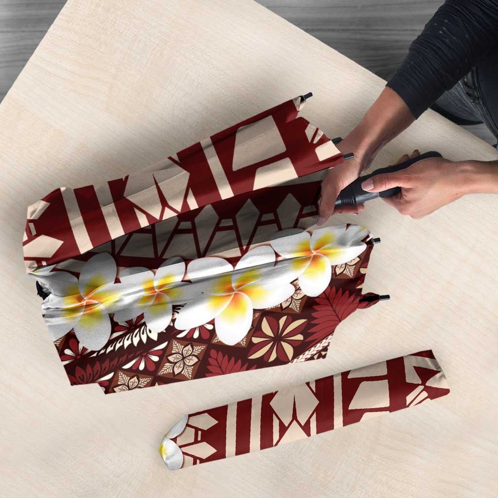 Red Vintage Tonga Ngatu Pattern With Plumeria Umbrella - Polynesian Pride