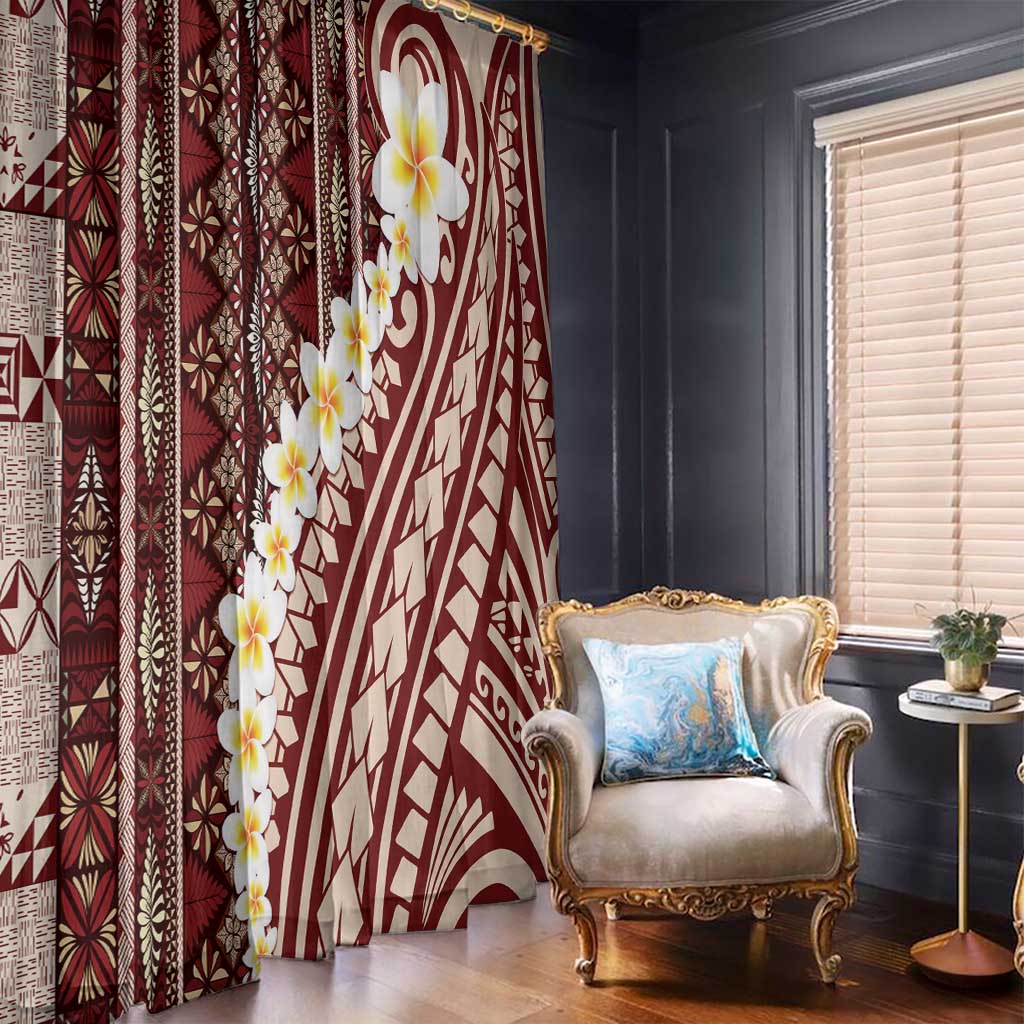 Red Vintage Tonga Ngatu Pattern With Plumeria Window Curtain - Polynesian Pride