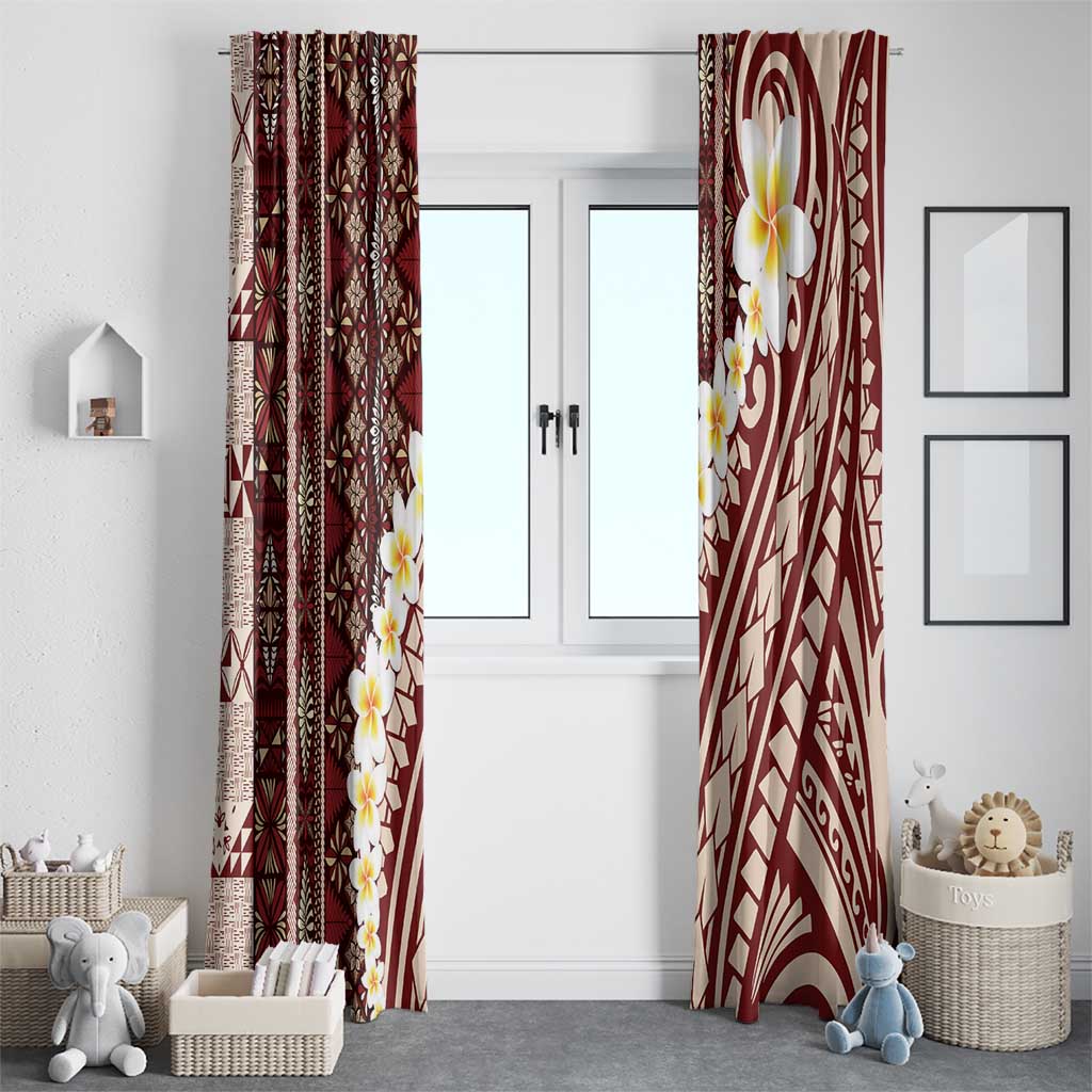 Red Vintage Tonga Ngatu Pattern With Plumeria Window Curtain - Polynesian Pride