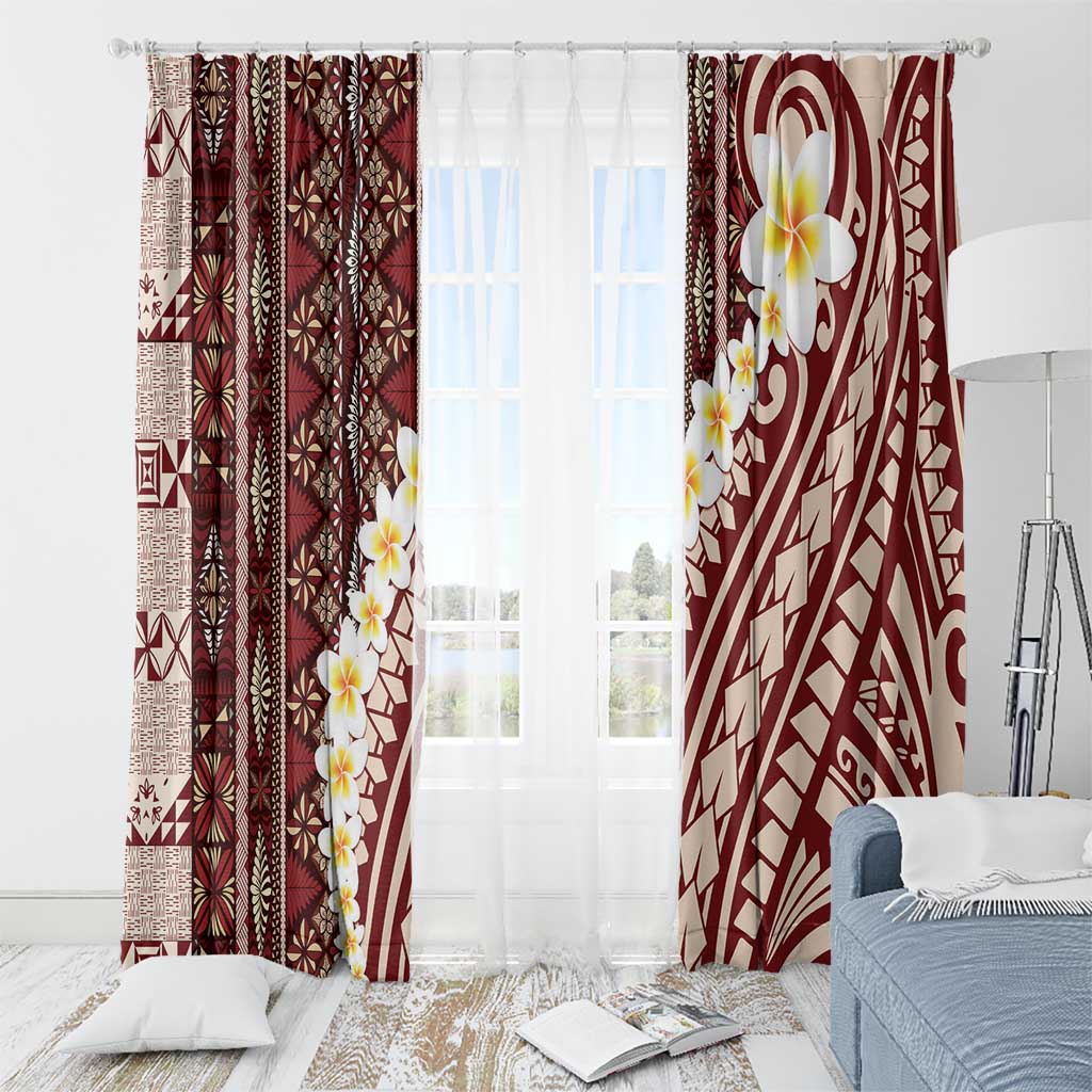 Red Vintage Tonga Ngatu Pattern With Plumeria Window Curtain - Polynesian Pride