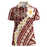 Red Vintage Tonga Ngatu Pattern With Plumeria Women Polo Shirt - Polynesian Pride