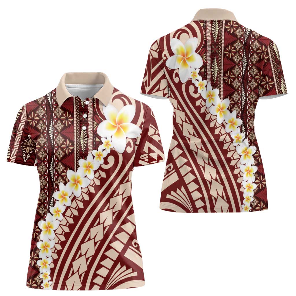 Red Vintage Tonga Ngatu Pattern With Plumeria Women Polo Shirt - Polynesian Pride