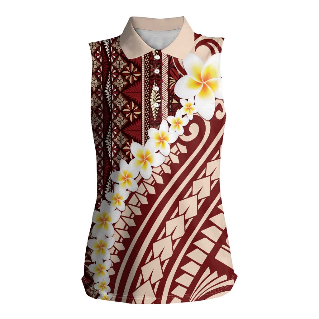 Red Vintage Tonga Ngatu Pattern With Plumeria Women Sleeveless Polo Shirt - Polynesian Pride