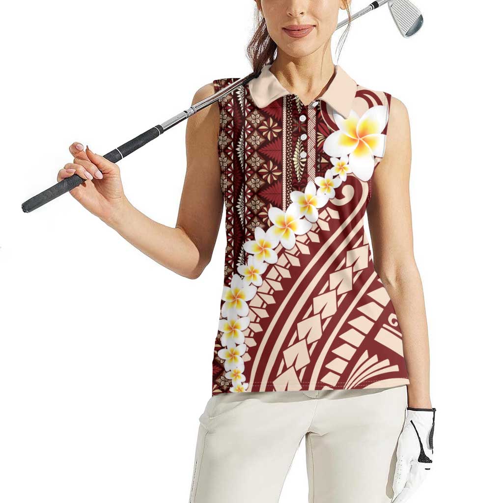 Red Vintage Tonga Ngatu Pattern With Plumeria Women Sleeveless Polo Shirt - Polynesian Pride