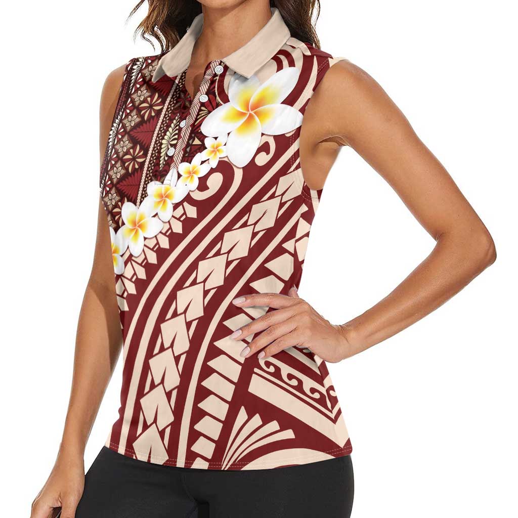Red Vintage Tonga Ngatu Pattern With Plumeria Women Sleeveless Polo Shirt - Polynesian Pride
