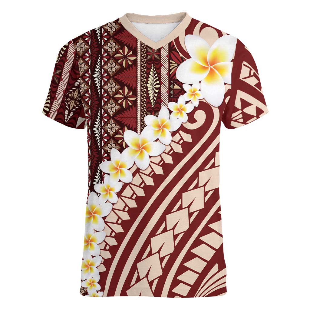 Red Vintage Tonga Ngatu Pattern With Plumeria Women V-Neck T-Shirt - Polynesian Pride