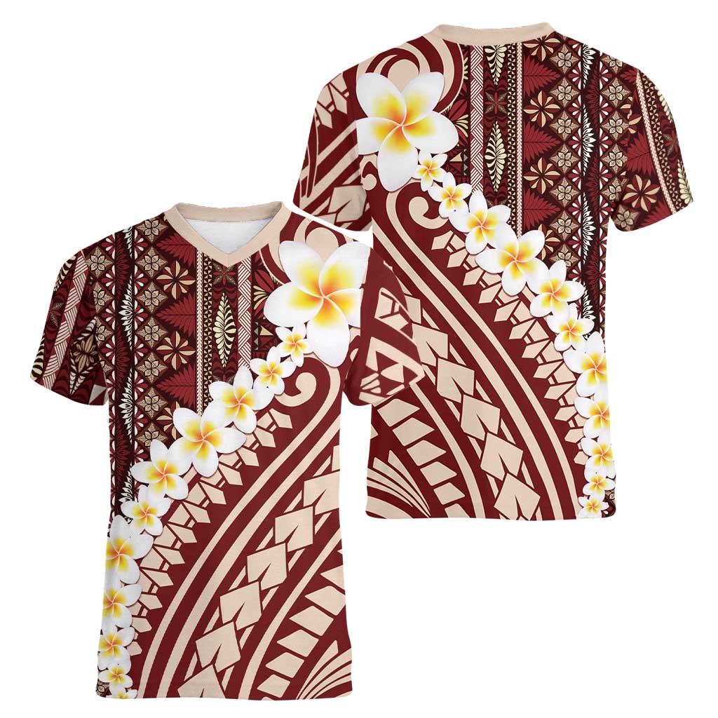 Red Vintage Tonga Ngatu Pattern With Plumeria Women V-Neck T-Shirt - Polynesian Pride