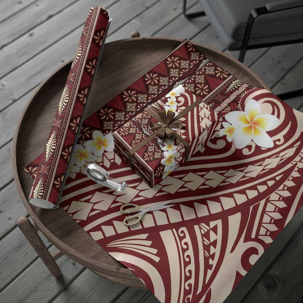 Red Vintage Tonga Ngatu Pattern With Plumeria Wrapping Paper