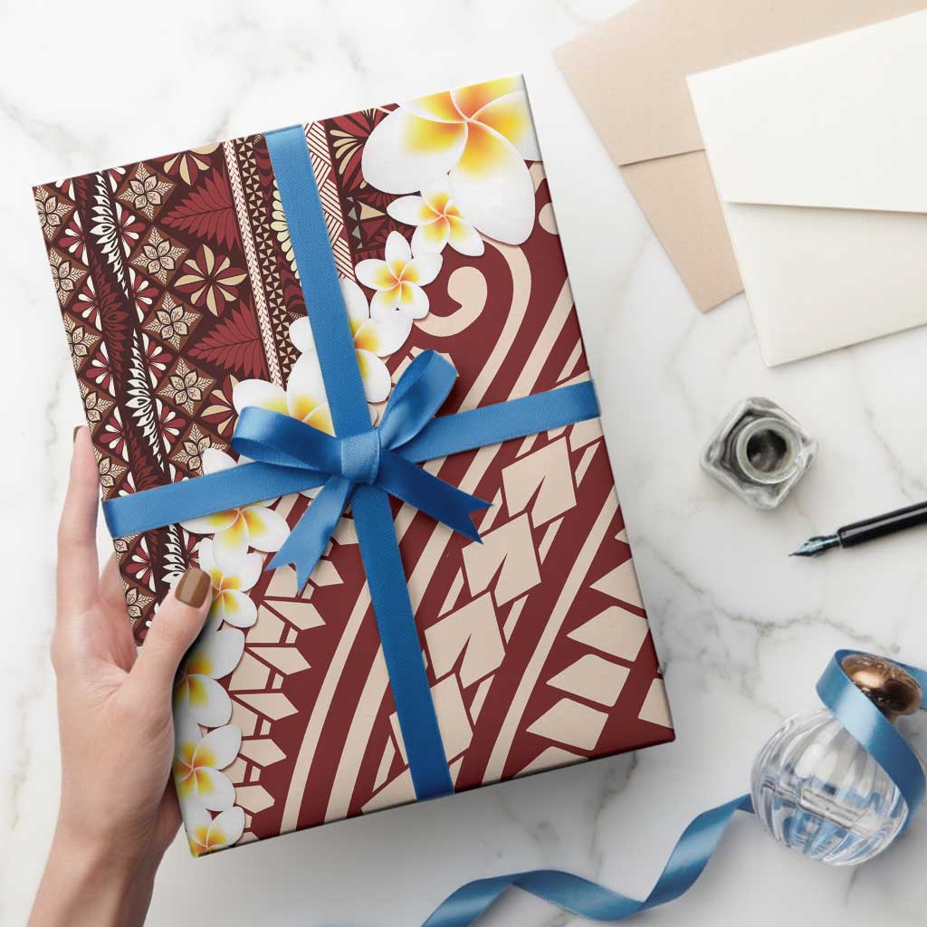 Red Vintage Tonga Ngatu Pattern With Plumeria Wrapping Paper