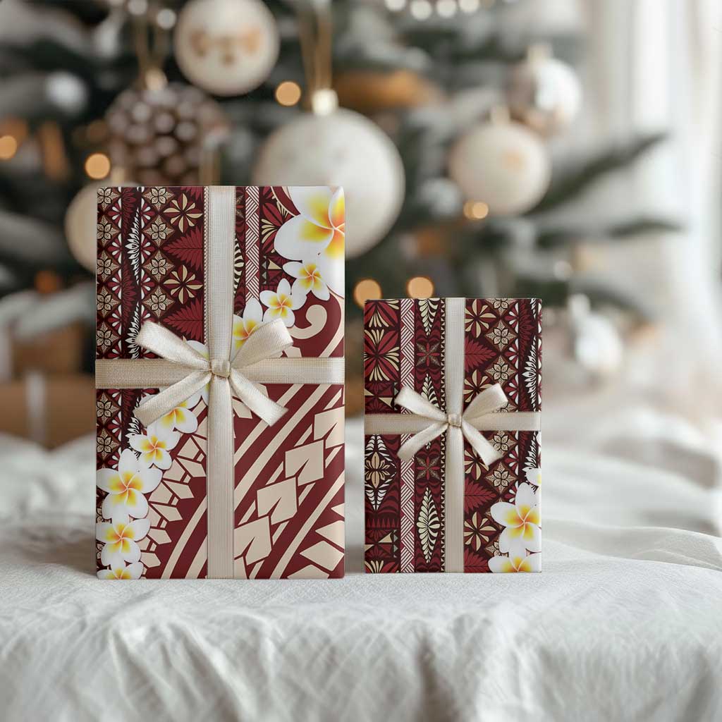 Red Vintage Tonga Ngatu Pattern With Plumeria Wrapping Paper