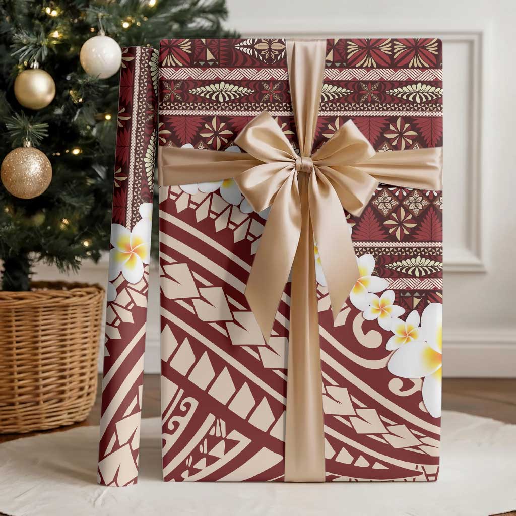 Red Vintage Tonga Ngatu Pattern With Plumeria Wrapping Paper