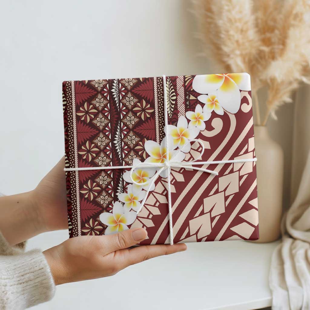 Red Vintage Tonga Ngatu Pattern With Plumeria Wrapping Paper