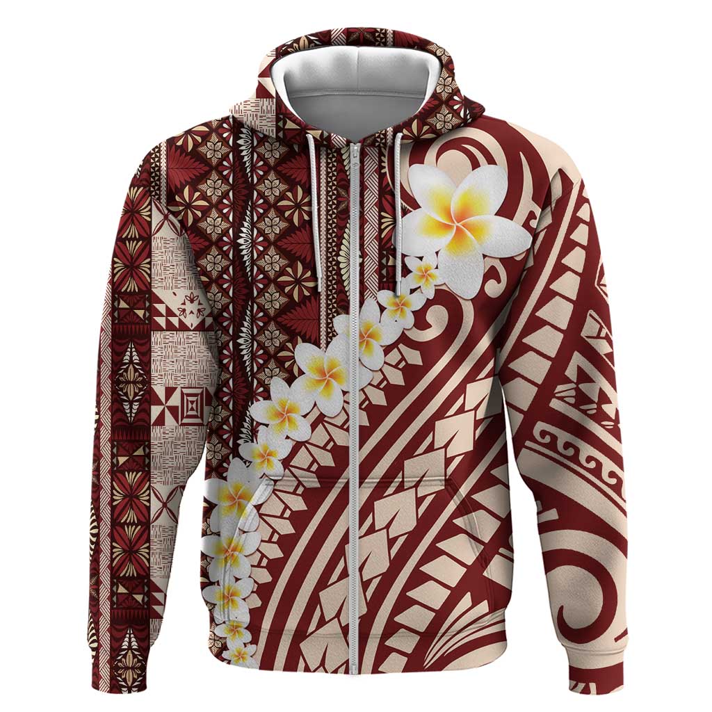 Red Vintage Tonga Ngatu Pattern With Plumeria Zip Hoodie - Polynesian Pride
