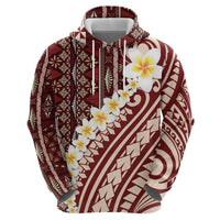 Red Vintage Tonga Ngatu Pattern With Plumeria Zip Hoodie - Polynesian Pride