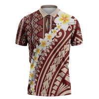 Red Vintage Tonga Ngatu Pattern With Plumeria Zipper Polo Shirt - Polynesian Pride