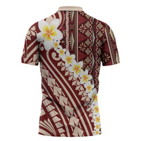 Red Vintage Tonga Ngatu Pattern With Plumeria Zipper Polo Shirt - Polynesian Pride