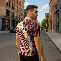 Red Vintage Tonga Ngatu Pattern With Plumeria Zipper Polo Shirt - Polynesian Pride