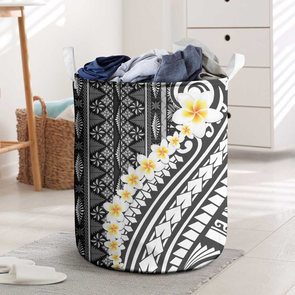 Black Vintage Tonga Ngatu Pattern With Plumeria Laundry Basket - Polynesian Pride