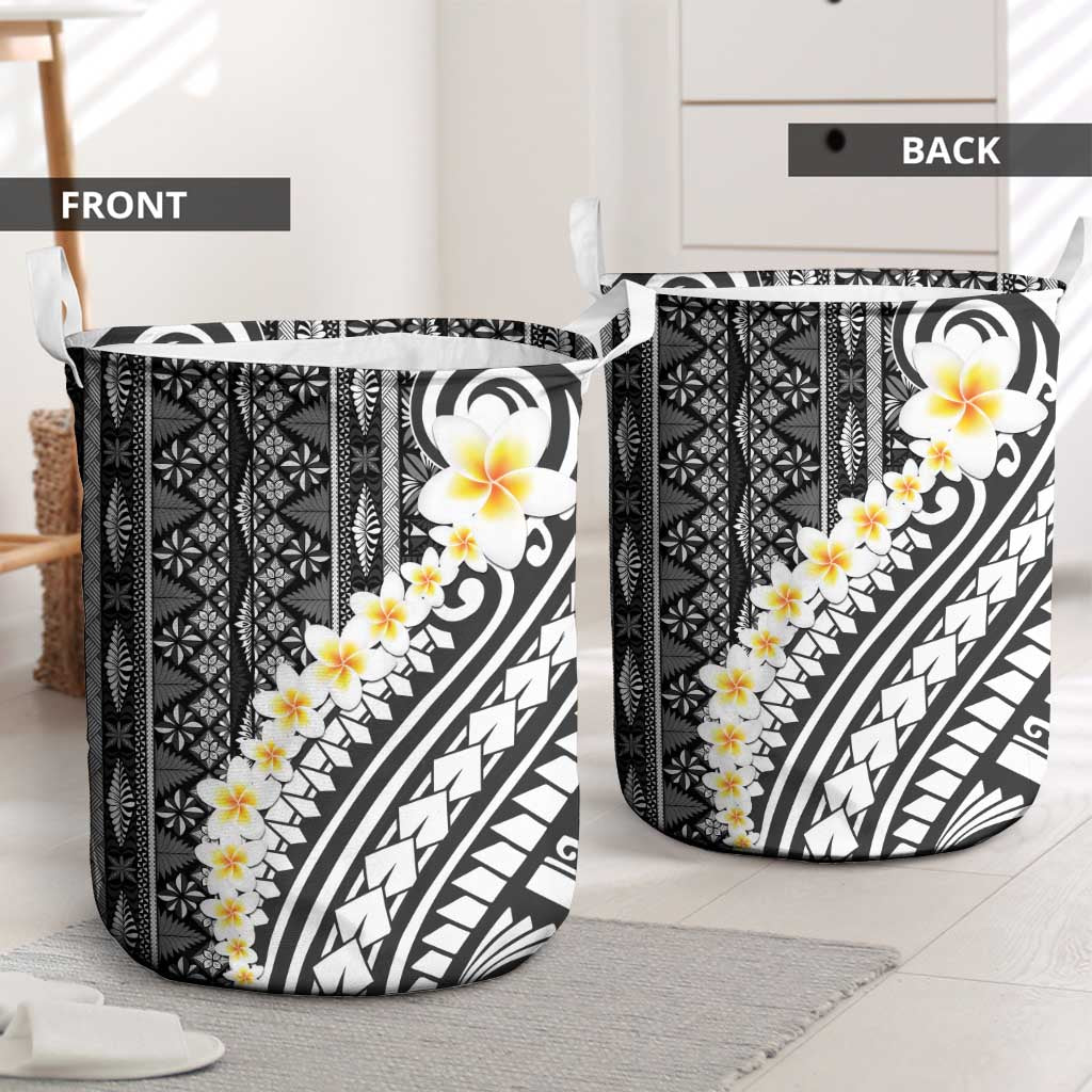 Black Vintage Tonga Ngatu Pattern With Plumeria Laundry Basket - Polynesian Pride