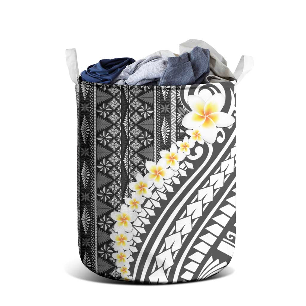 Black Vintage Tonga Ngatu Pattern With Plumeria Laundry Basket - Polynesian Pride