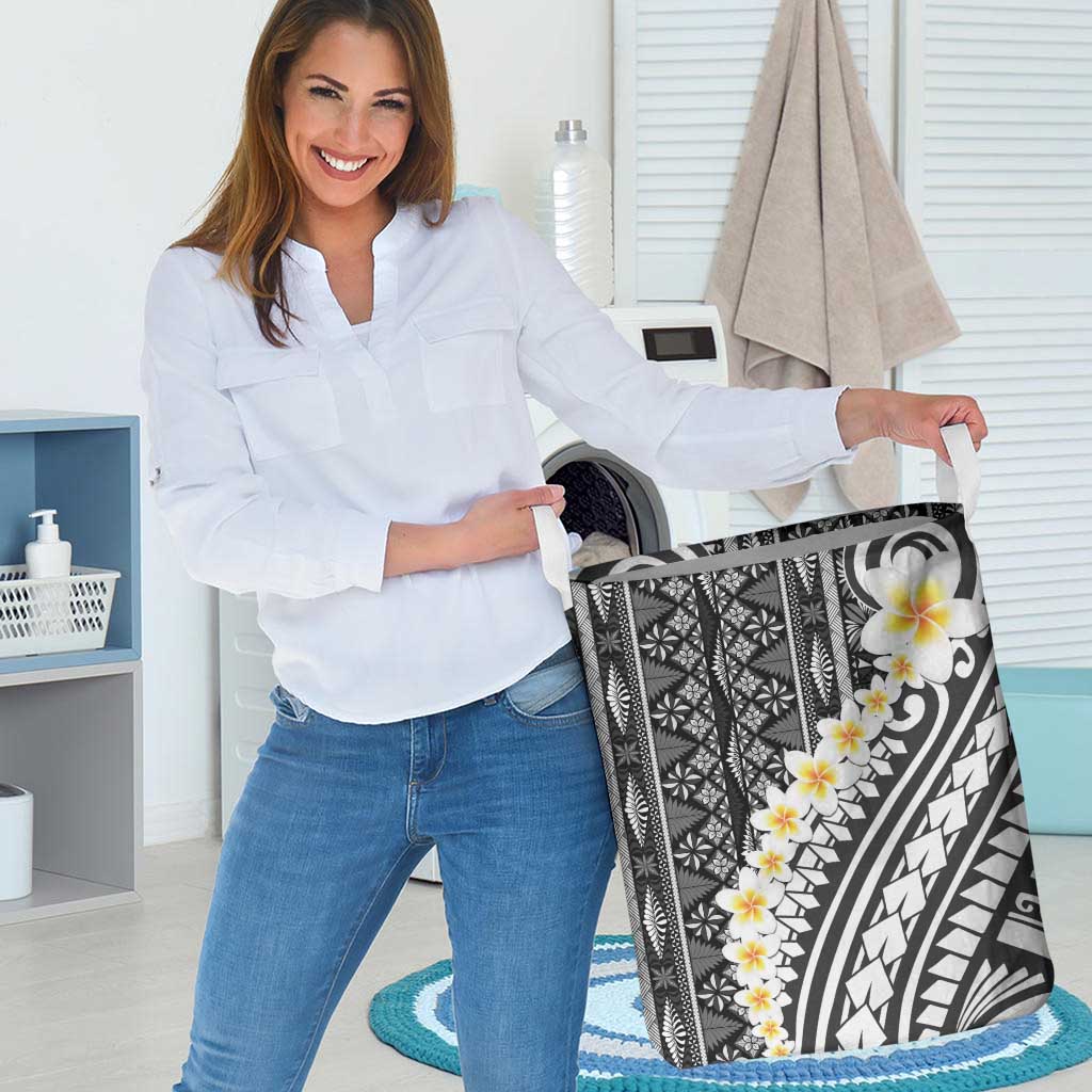 Black Vintage Tonga Ngatu Pattern With Plumeria Laundry Basket - Polynesian Pride
