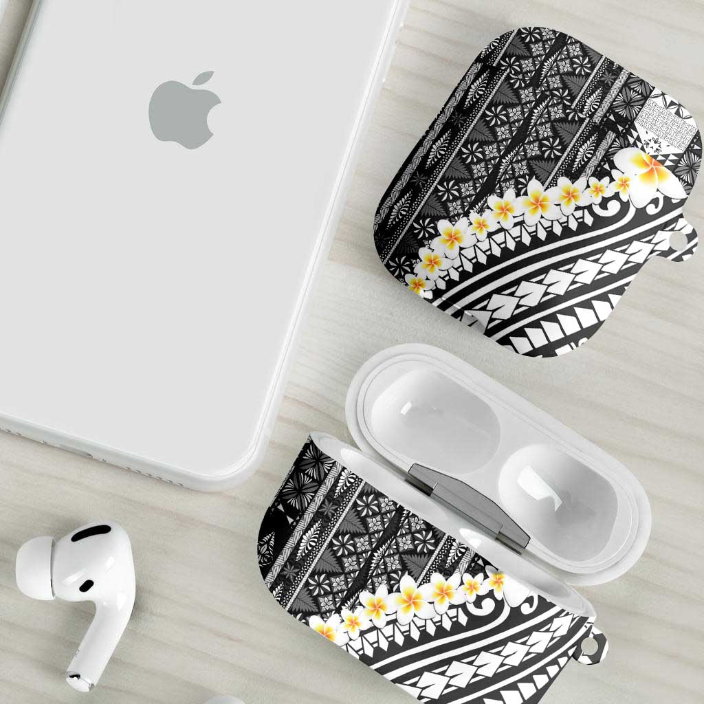 Black Vintage Tonga Ngatu Pattern With Plumeria AirPods Case - Polynesian Pride