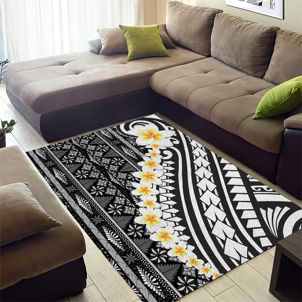 Black Vintage Tonga Ngatu Pattern With Plumeria Area Rug - Polynesian Pride