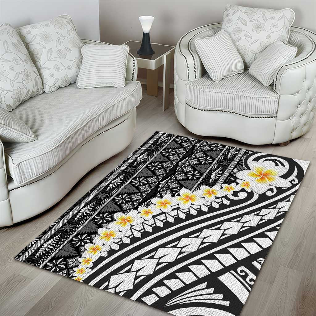 Black Vintage Tonga Ngatu Pattern With Plumeria Area Rug - Polynesian Pride