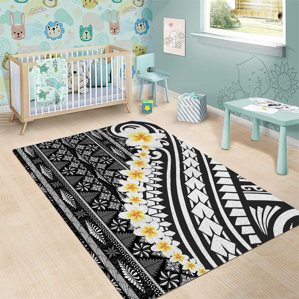 Black Vintage Tonga Ngatu Pattern With Plumeria Area Rug - Polynesian Pride