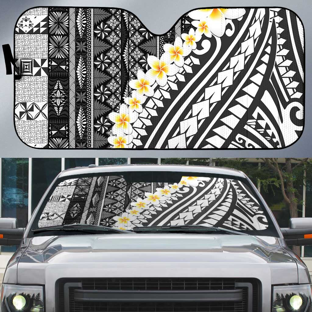 Black Vintage Tonga Ngatu Pattern With Plumeria Auto Sun Shade - Polynesian Pride