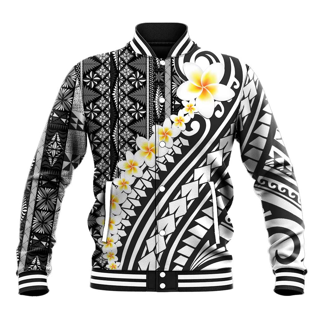 Black Vintage Tonga Ngatu Pattern With Plumeria Baseball Jacket - Polynesian Pride