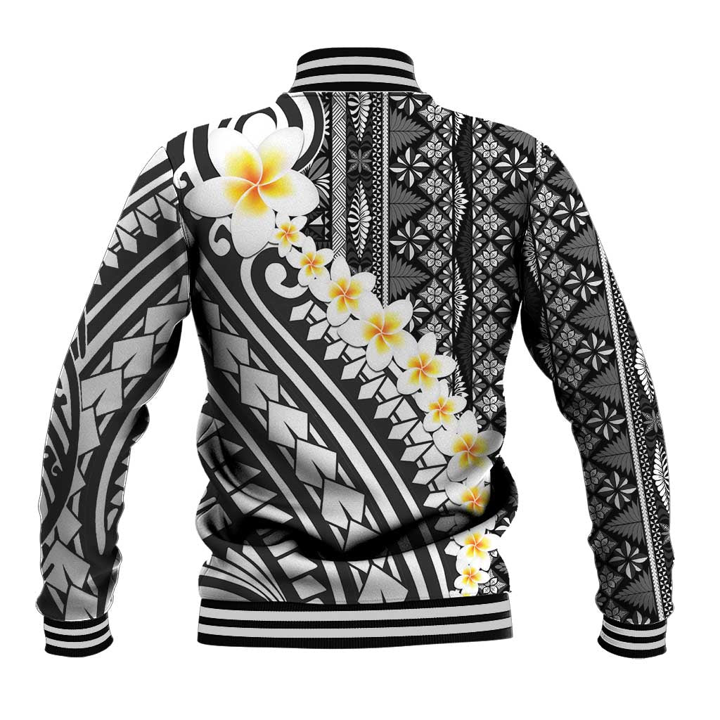 Black Vintage Tonga Ngatu Pattern With Plumeria Baseball Jacket - Polynesian Pride