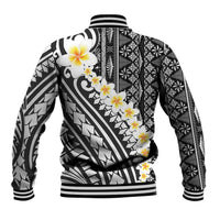 Black Vintage Tonga Ngatu Pattern With Plumeria Baseball Jacket - Polynesian Pride