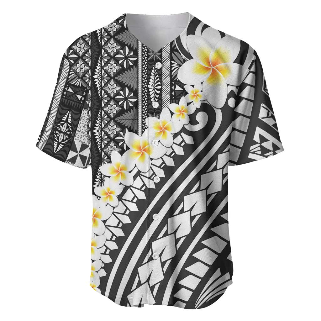Black Vintage Tonga Ngatu Pattern With Plumeria Baseball Jersey - Polynesian Pride