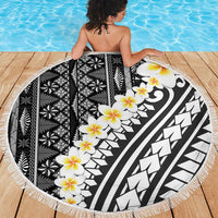Black Vintage Tonga Ngatu Pattern With Plumeria Beach Blanket - Polynesian Pride