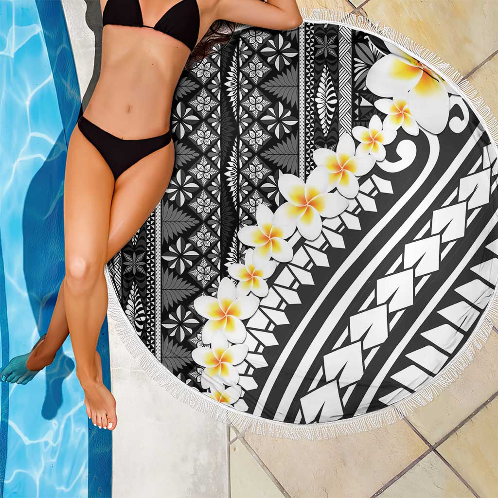 Black Vintage Tonga Ngatu Pattern With Plumeria Beach Blanket - Polynesian Pride