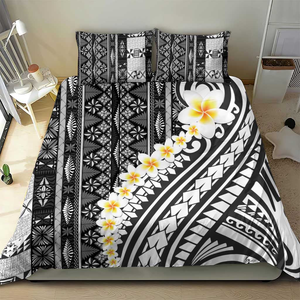 Black Vintage Tonga Ngatu Pattern With Plumeria Bedding Set - Polynesian Pride