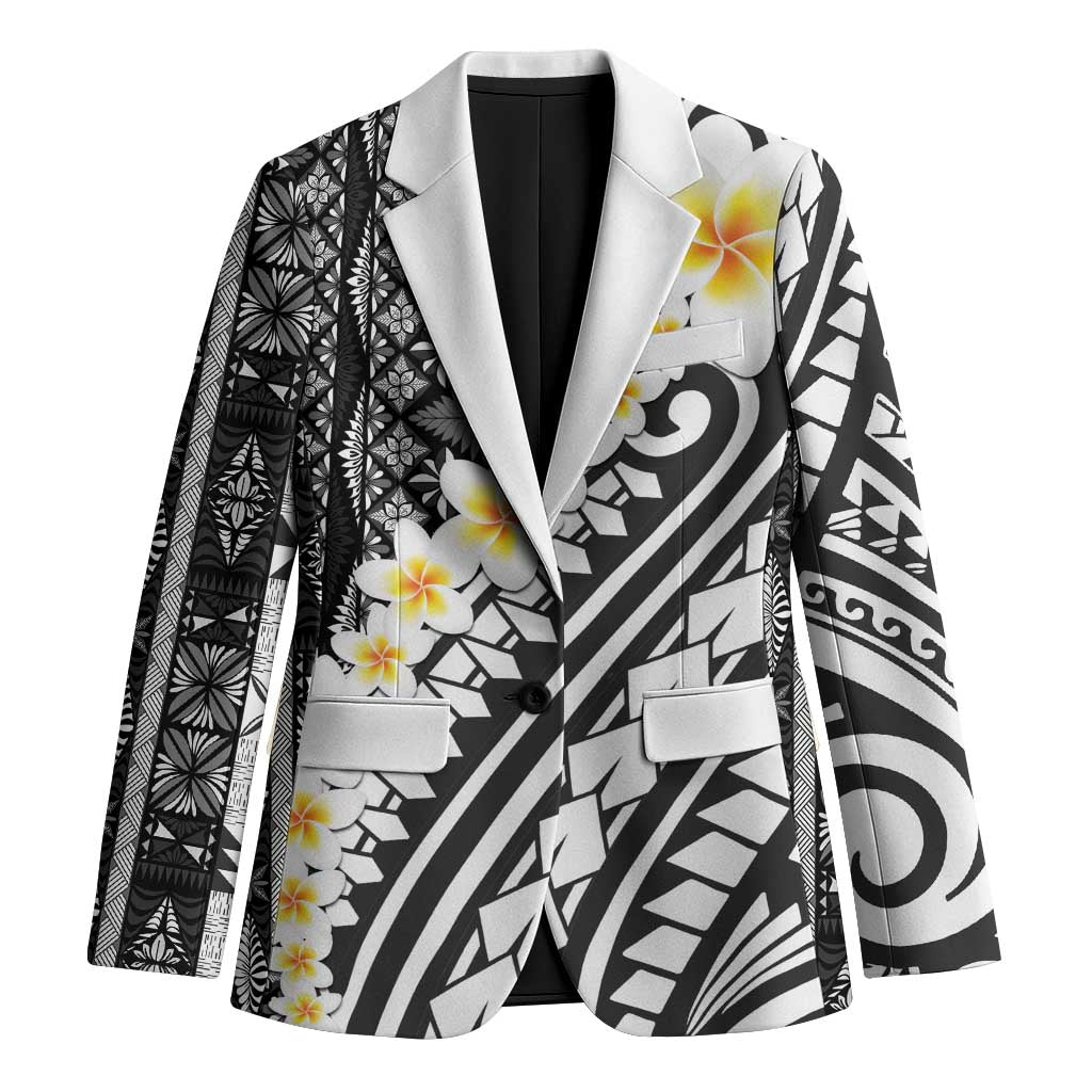 Black Vintage Tonga Ngatu Pattern With Plumeria Blazer - Polynesian Pride