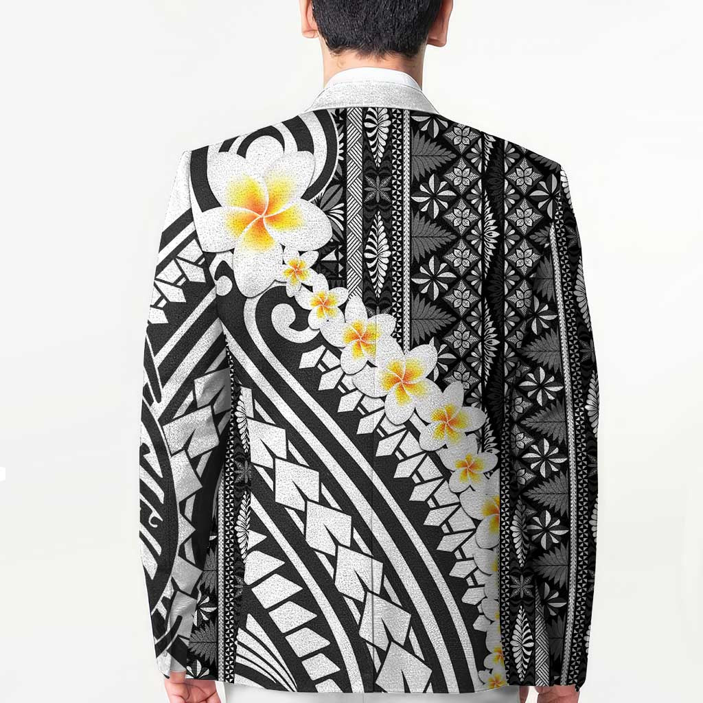 Black Vintage Tonga Ngatu Pattern With Plumeria Blazer - Polynesian Pride