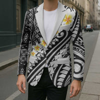 Black Vintage Tonga Ngatu Pattern With Plumeria Blazer - Polynesian Pride