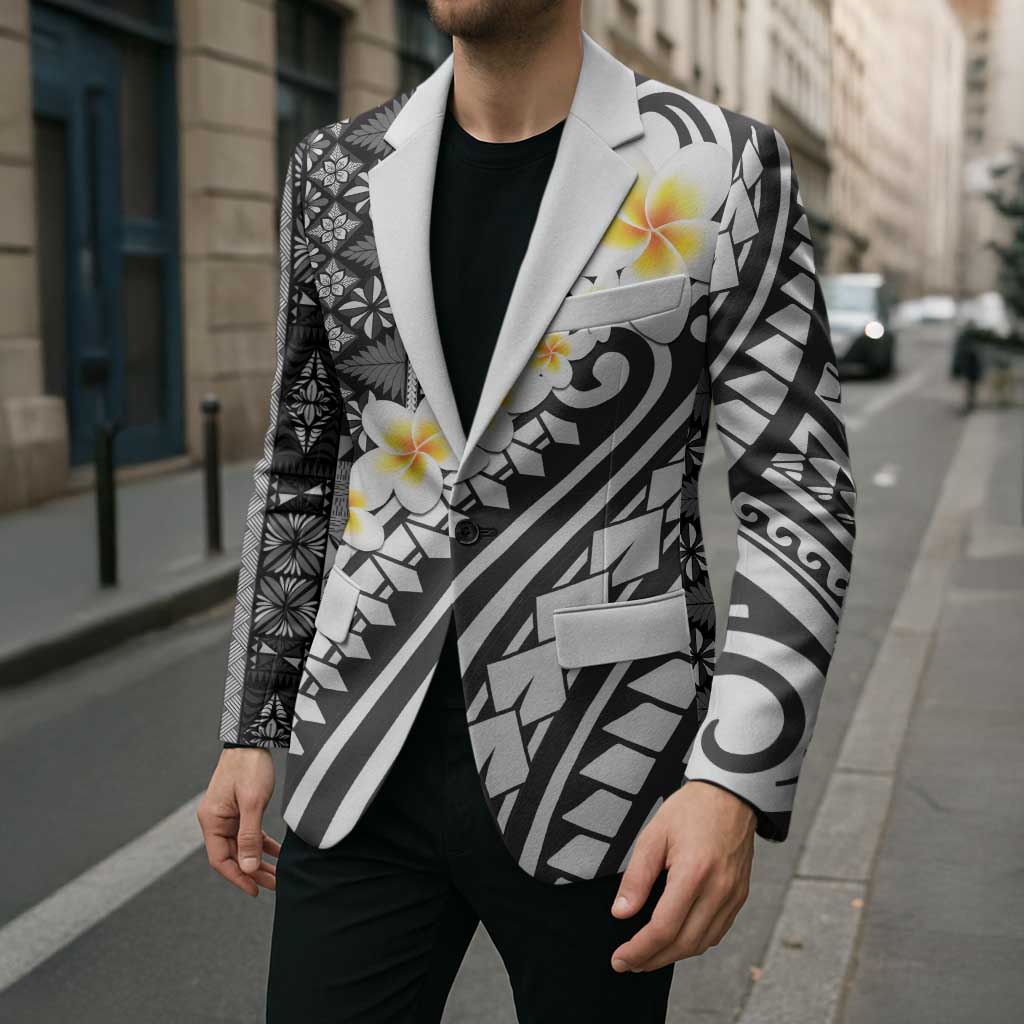 Black Vintage Tonga Ngatu Pattern With Plumeria Blazer - Polynesian Pride